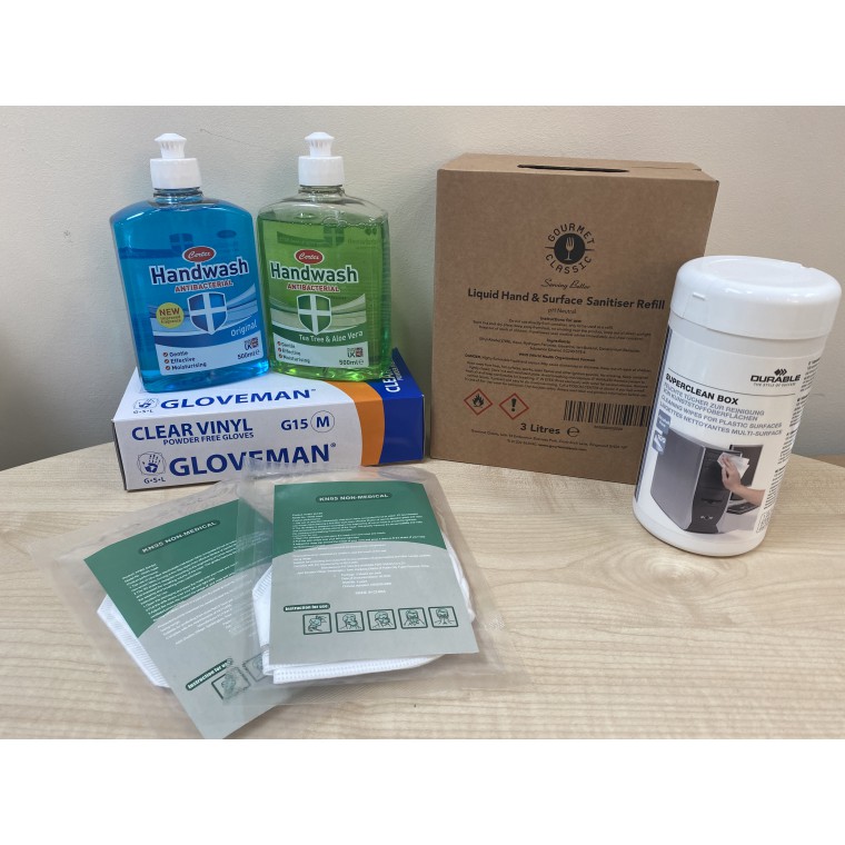 Med Gloves, 2 x Antibacterial Hand wash, Alcohol Free Cleaning Wipes, 2 x Face Masks and 3L Sanitiser Refill