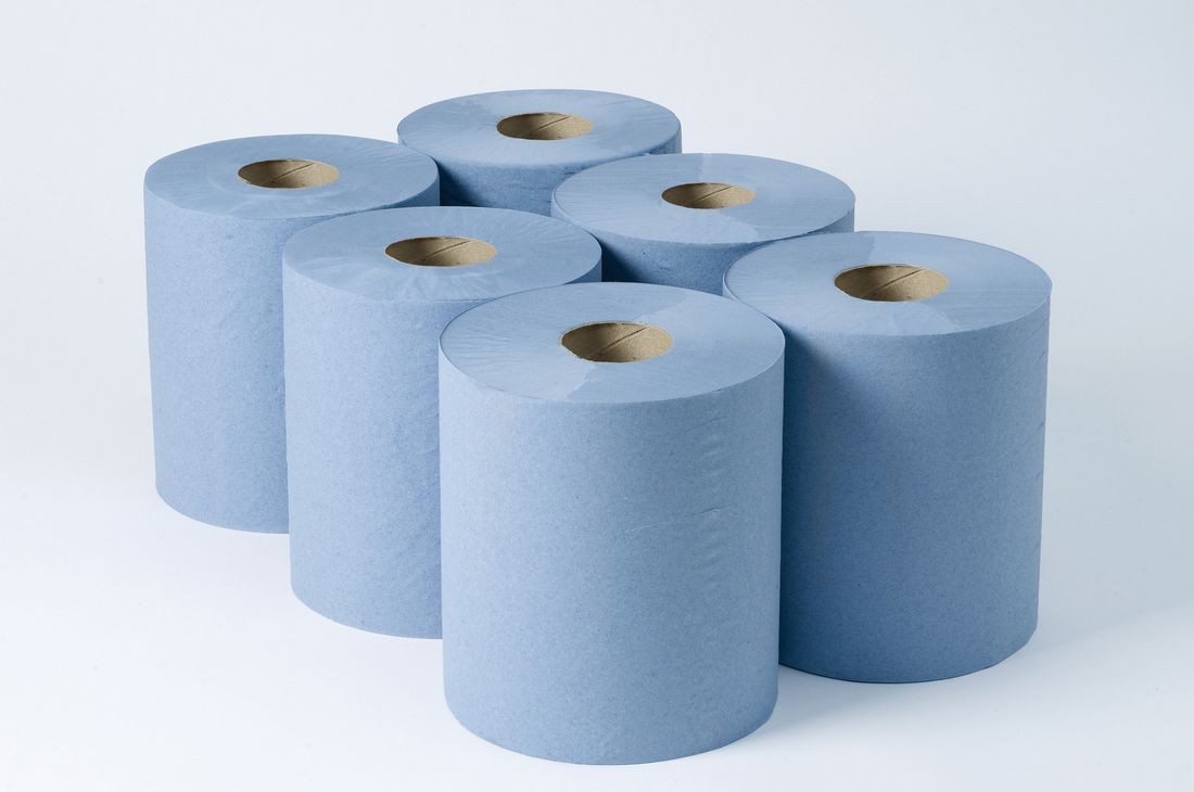 Paperstation+2Ply+Blue+CentreFeed+Rolls+150M+x+175mm+x+70mm+417+Sheets+Pack+6