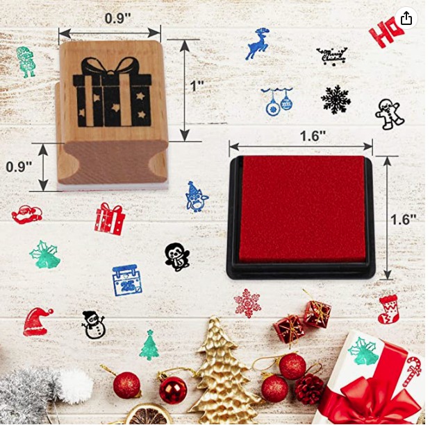 HOWAF+24pcs+Wooden+Christmas+Stamps+with+Ink+Pad+for+Kids+Crafting+Card+Making+Painting%2C