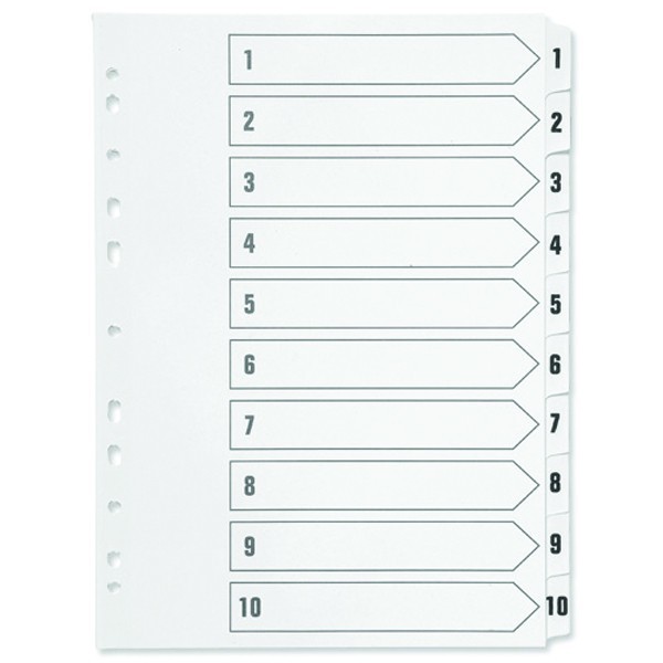 A4+Multi-punched+Index+Dividers+Polypropylene+1-10+White